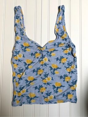 American Eagle Outfitters Blue Floral Ruched Cami with Yellow Flowers